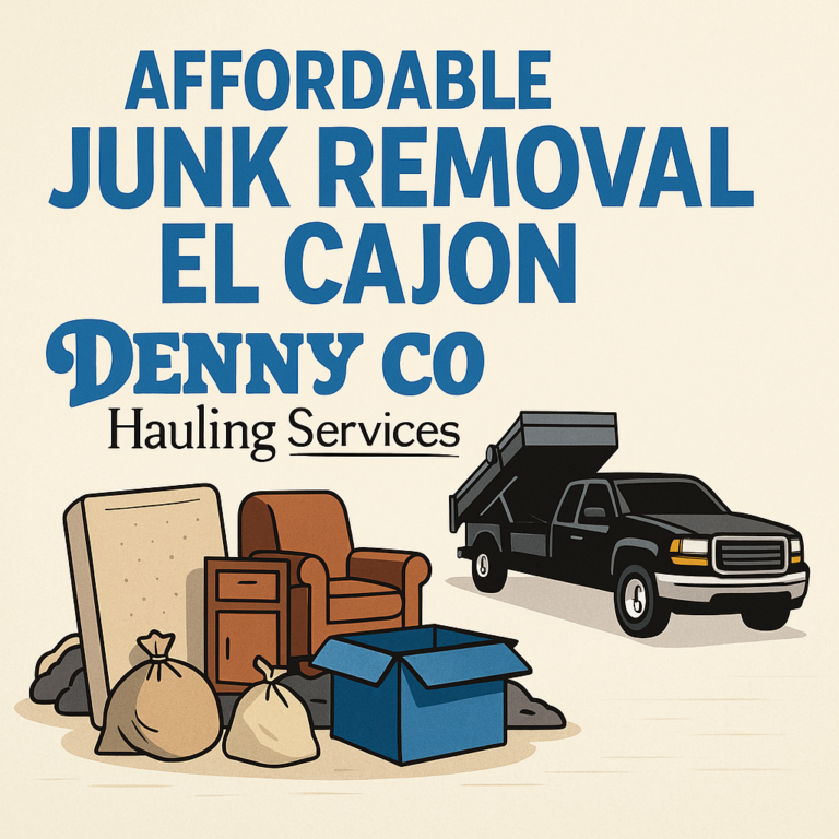 Black dump truck with junk items like furniture and trash bags, promoting affordable junk removal El Cajon by Denny Co Hauling Services