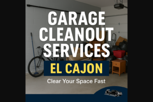 Before and after garage scene showing clutter versus a clean space, promoting garage cleanout services El Cajon by Denny Co Hauling Services