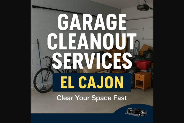 Before and after garage scene showing clutter versus a clean space, promoting garage cleanout services El Cajon by Denny Co Hauling Services